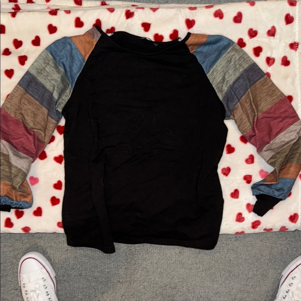 SHEIN Black Blouse with Colorful Striped Sleeves